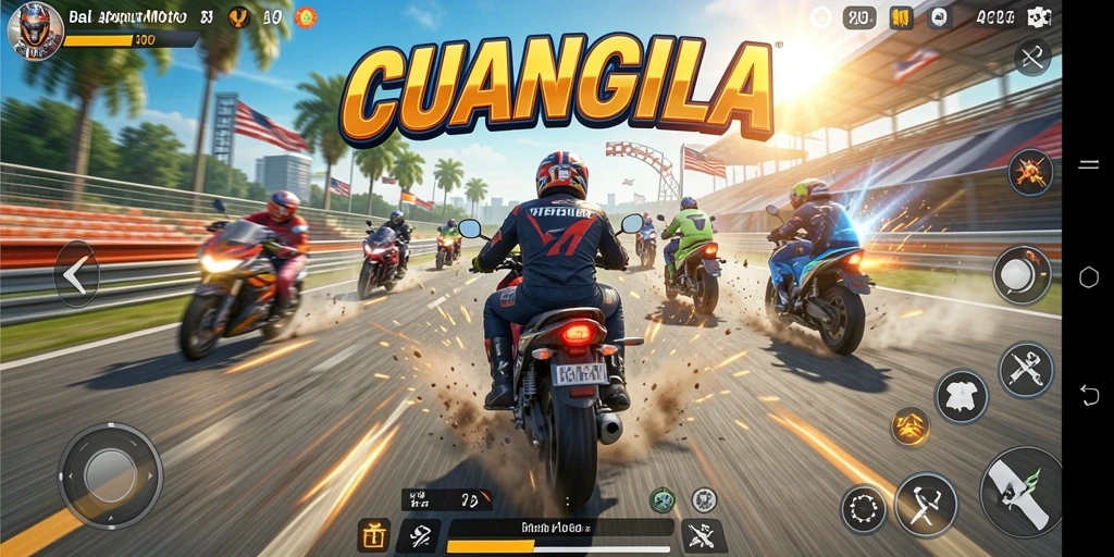 Screenshot utama CUANGILA yang menampilkan gameplay balapan motor yang mendebarkan.