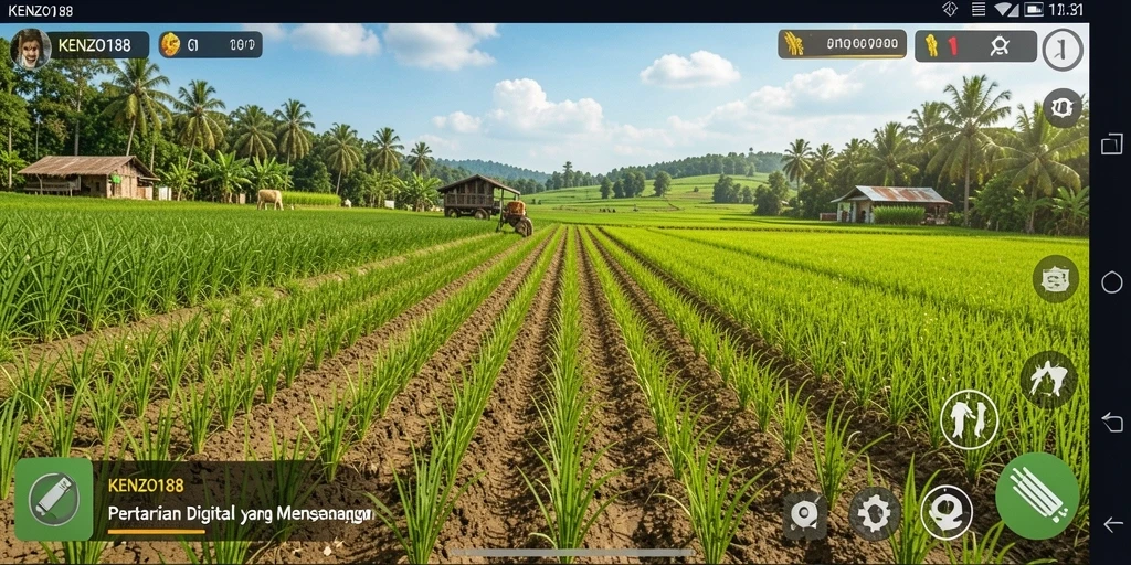 Screenshot gameplay KENZO188 menampilkan ladang subur dengan tanaman yang beragam.
