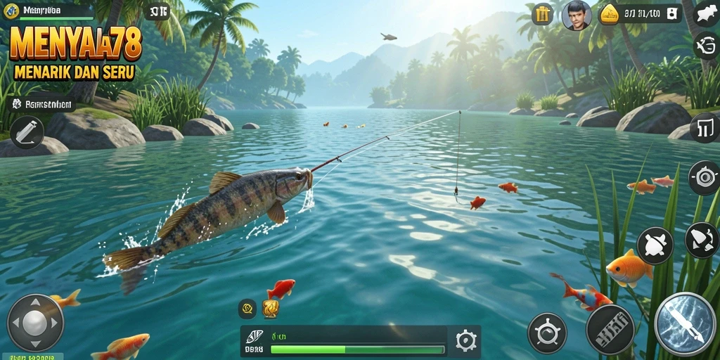 Screenshot MENYALA78 menampilkan pemain menangkap ikan di lingkungan yang menawan.
