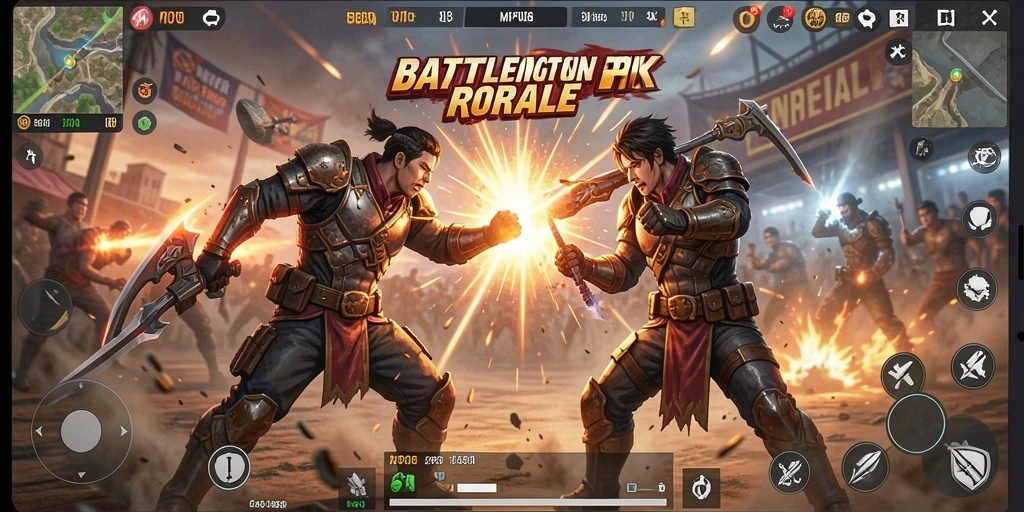 Screenshot gameplay MPO08 yang menunjukkan aksi Battle Royale yang seru.