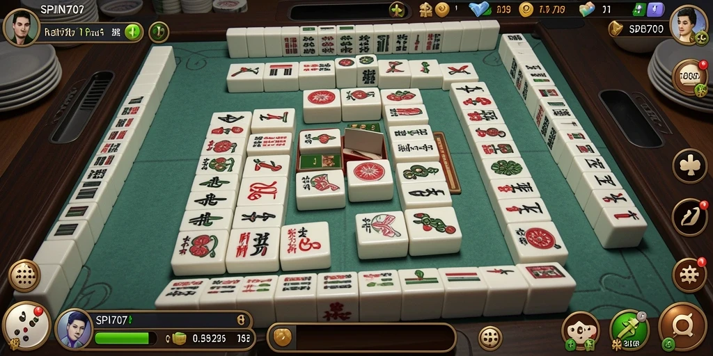 Tampilan gameplay SPIN707 dengan ubin Mahjong yang berwarna-warni.