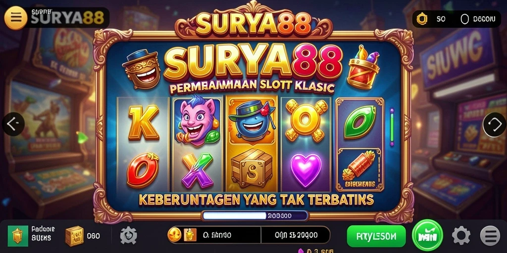 Screenshot gameplay <strong>SURYA88</strong> dengan gulungan berputar dan simbol menarik.