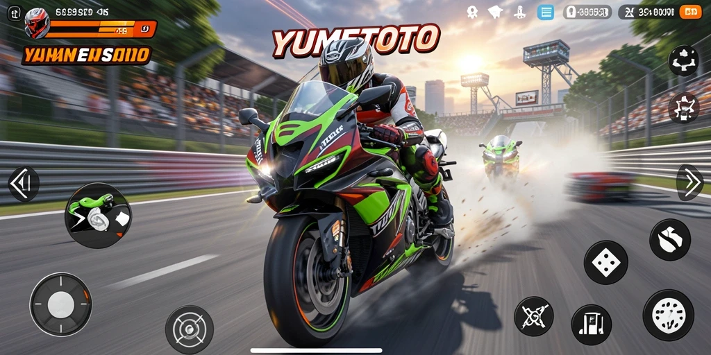 Tampilan gameplay seru dalam YUMETOTO dengan aksi balapan motor yang cepat.